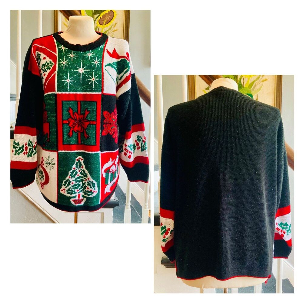 1980s 1990s Ugly Christmas Sweater Holiday Tree Tinsel Sparkle Stocking Yule